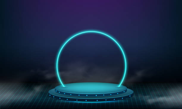 abstract technology cylinder pedestal podium. sci-fi dark empty room concept with circle glowing neon lighting. product display presentation. futuristic wall scene. - 平臺門戶 幅插畫檔、美工圖案、卡通及圖標(biāo)