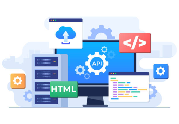 application programming interface concept, api provides the interface for communication between applications, software development tool, internet and networking, simplifying application integration - 系統(tǒng)軟件 幅插畫檔、美工圖案、卡通及圖標(biāo)