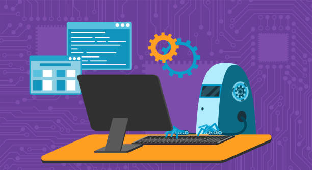 automated work of software, business project development, robot using keyboard at table - 系統(tǒng)軟件開發(fā) 幅插畫檔、美工圖案、卡通及圖標(biāo)