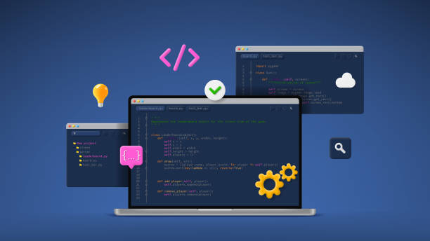 concept of computer programming or developing software or game - 系統(tǒng)軟件開(kāi)發(fā) 幅插畫(huà)檔、美工圖案、卡通及圖標(biāo)
